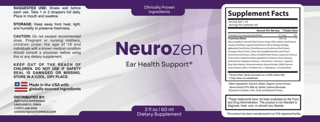 NeuroZen supplement facts label showing GABA, L-Glutamine, L-Tryptophan, Grape Extract, Green Tea, Panax Ginseng and full ingredient list