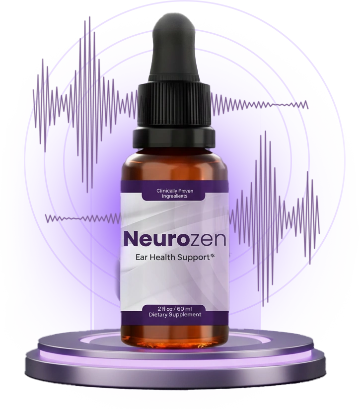 NeuroZen ear health support supplement — amber bottle with purple label and dropper